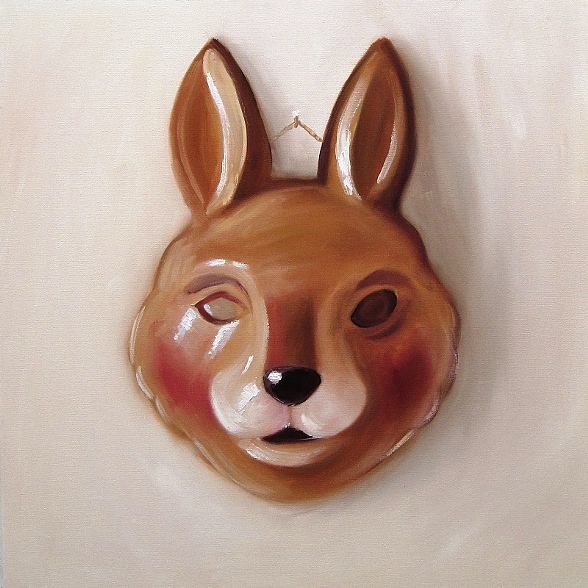 trompe l'oeil oil painting of a childs fancy dress rabbit mask, by Brighton artist Linda Boucher