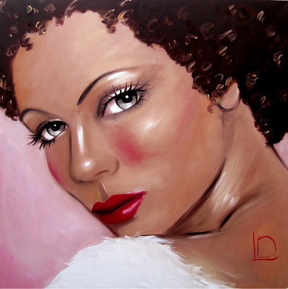 glamourous painting of a gorgeous woman, with golden skin, deep brown hair and a rose pink background by Brighton artist Linda Boucher.
